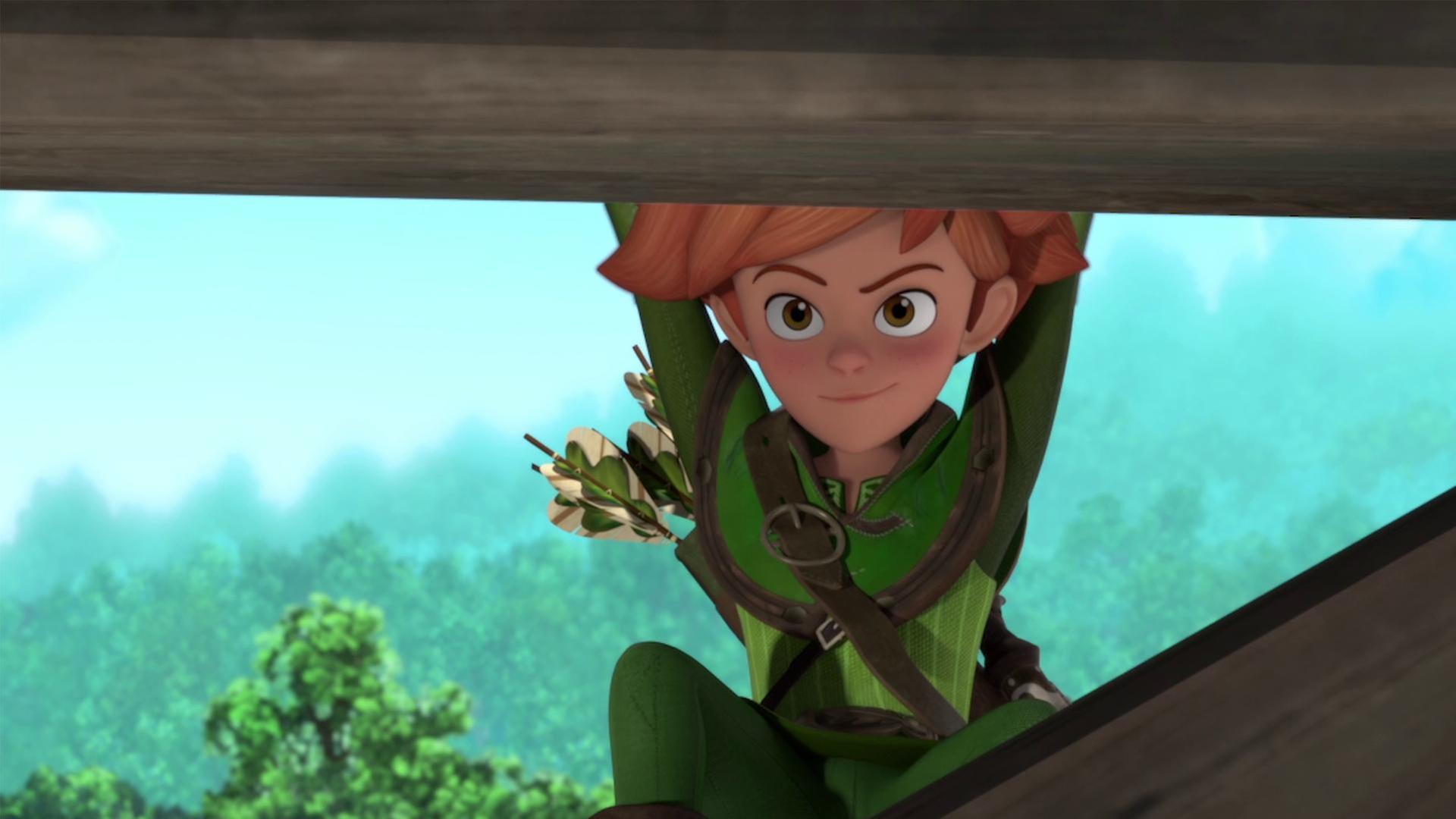 Robin hält sich mit seinen Armen an einem Balken fest und baumelt daran. Sein Blick ist sehr entschlossen und verschmitzt.