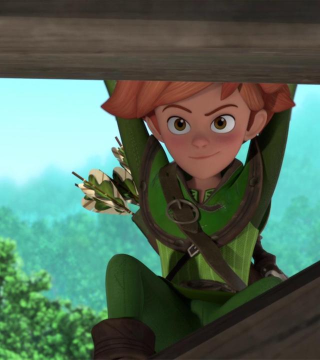 Robin hält sich mit seinen Armen an einem Balken fest und baumelt daran. Sein Blick ist sehr entschlossen und verschmitzt.