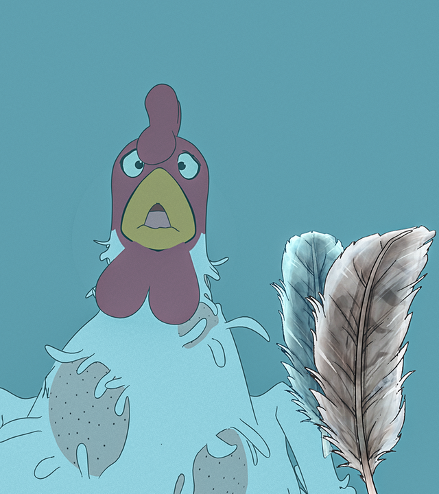 Fia entdeckt in ihrem Spiegelbild, dass ihr ganz viele Federn ausgefallen sind.