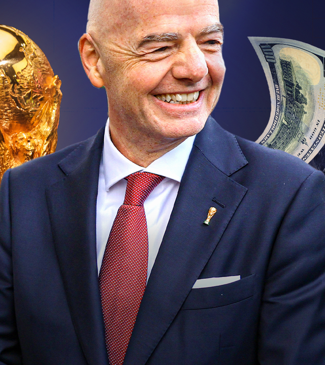 FIFA-Präsident Gianni Infantino, im Hintergrund der WM-Pokal und Geldscheine