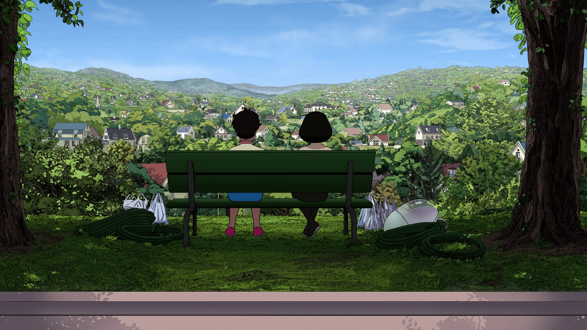 Man sieht die Illustration zweier Personen von hinten, die auf einer Bank vor einer Landschaft mit Häusern sitzen.