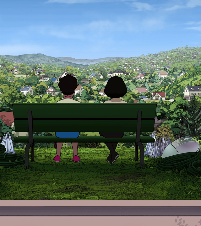 Man sieht die Illustration zweier Personen von hinten, die auf einer Bank vor einer Landschaft mit Häusern sitzen.