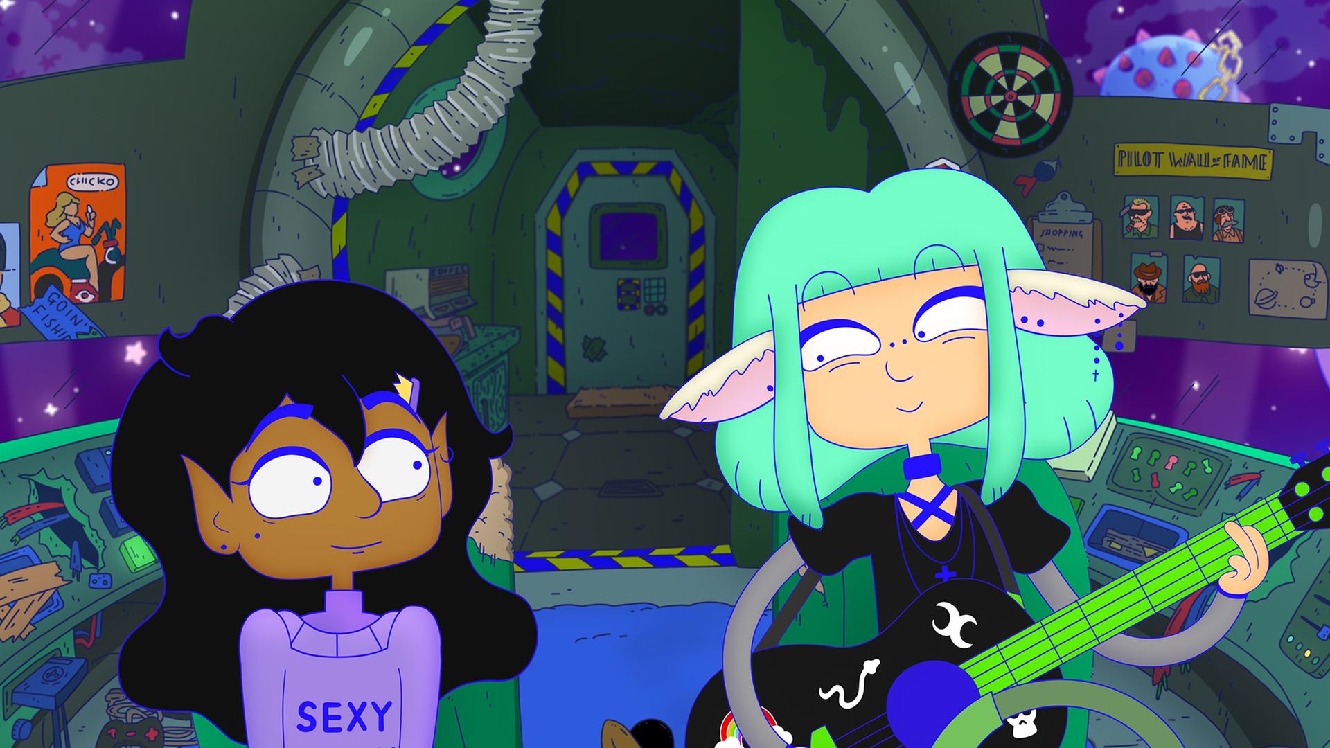 Man sieht die Illustration zweier Frauen. Eine spielt Gitarre.