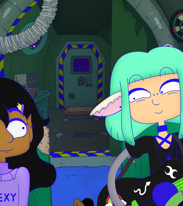 Man sieht die Illustration zweier Frauen. Eine spielt Gitarre.