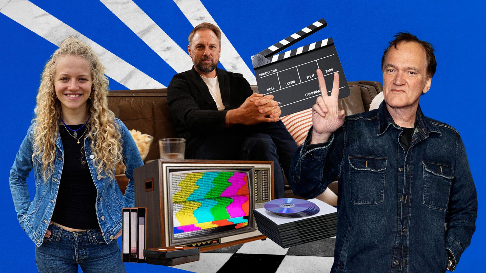 Der Hintergrund des Bildes ist blau. Man erkennt drei weiße Streifen. Auf dem Bild sind sowohl Menschen, als auch  Gegenstände zu erkennen. Eine Frau mit blonden gelockten Haaren lächelt direkt in die Kamera. Links neben ihr sind ein Mann auf einer Couch und ein Mann, der mit den Fingern ein Peace-Zeichen macht, zu sehen. Zwischen den Menschen ist unter anderem eine Filmklappe und ein Fernseher mit buntem Testbild zu erkennen.