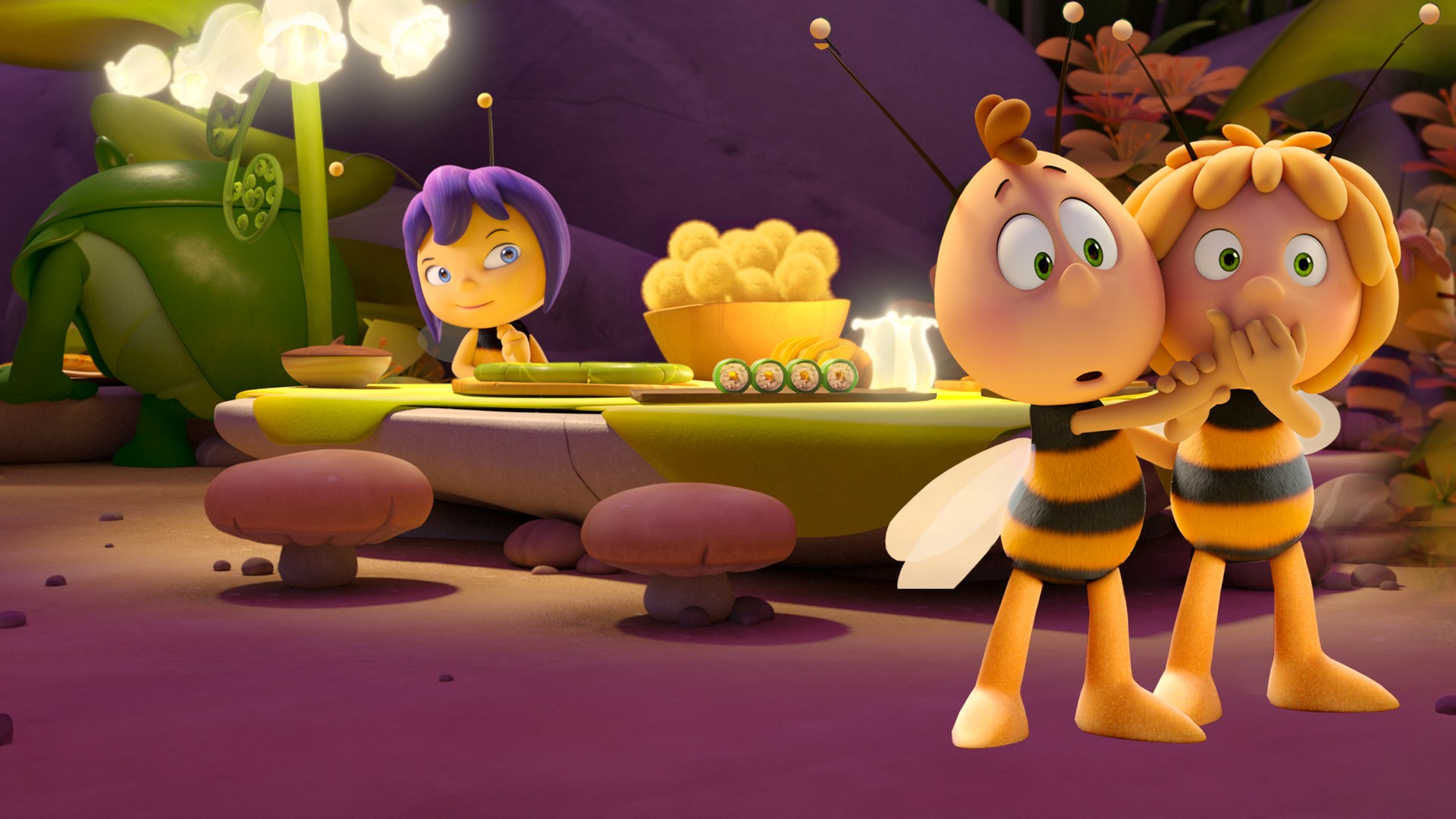 Rechts sehen wir im Anschnitt den Grafen von Bienenstich, den eingebildeten Boten der Kaiserin. Vor ihm stehen, in der Mitte des Bildes, die beiden Bienchen Maja und Willi in ihrem schwarz-gelb gestreiften Bienenpelz und mit ihren großen Kinderköpfen. Willi hält Maja energisch die Hand vor den Mund, so dass die nicht weiterreden kann.