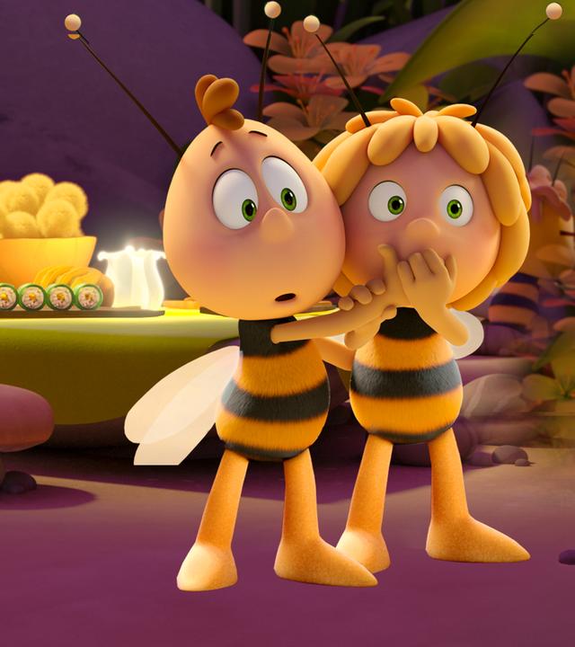 Rechts sehen wir im Anschnitt den Grafen von Bienenstich, den eingebildeten Boten der Kaiserin. Vor ihm stehen, in der Mitte des Bildes, die beiden Bienchen Maja und Willi in ihrem schwarz-gelb gestreiften Bienenpelz und mit ihren großen Kinderköpfen. Willi hält Maja energisch die Hand vor den Mund, so dass die nicht weiterreden kann.