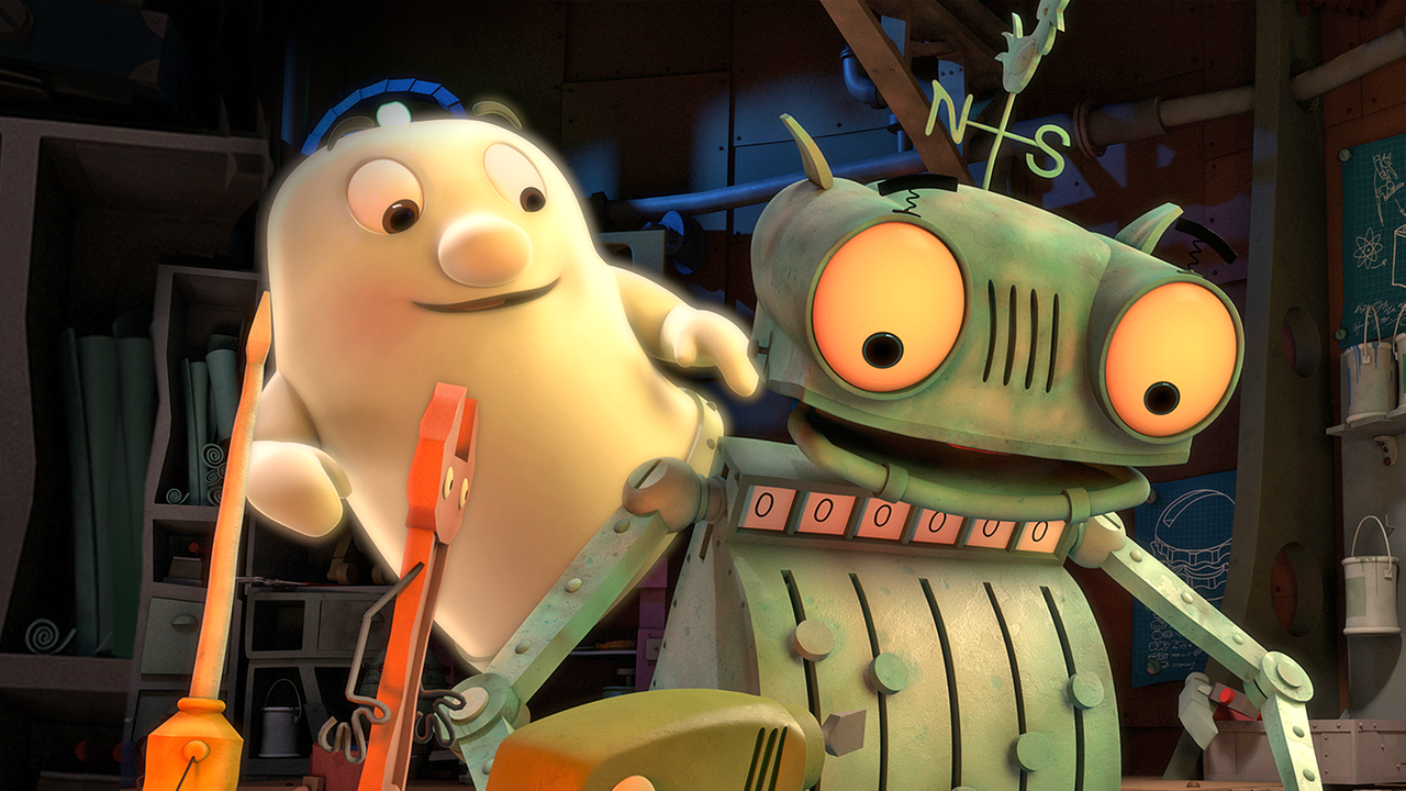 Ritter Rost mit einem kleinen Gespenst. Es zeigt ihm die Baupläne von Röstis Vater.