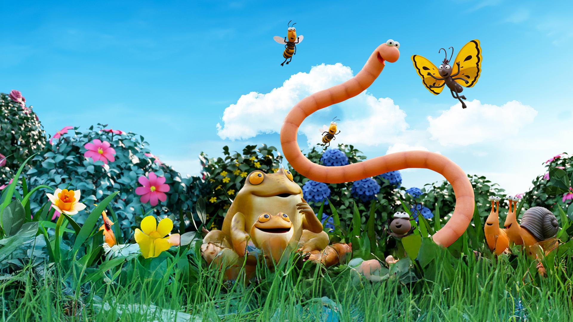 Mitten auf einer bunten Wiese, inmitten seiner Insektenfreunde befindet sich Superwurm. 