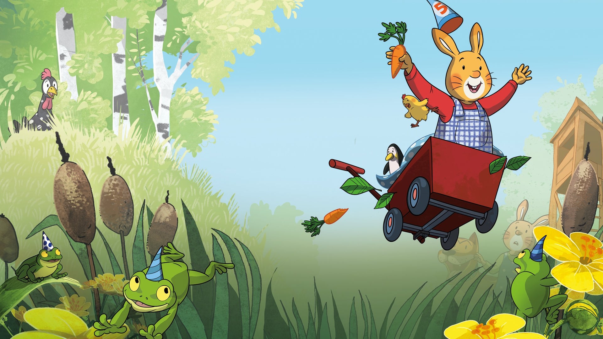 Kaninchenjunge Karlchen sitzt in einem roten Bollerwagen und hat beide Arme in die Luft gestreckt. Um ihn herum sind verschiedene Tiere zu sehen.