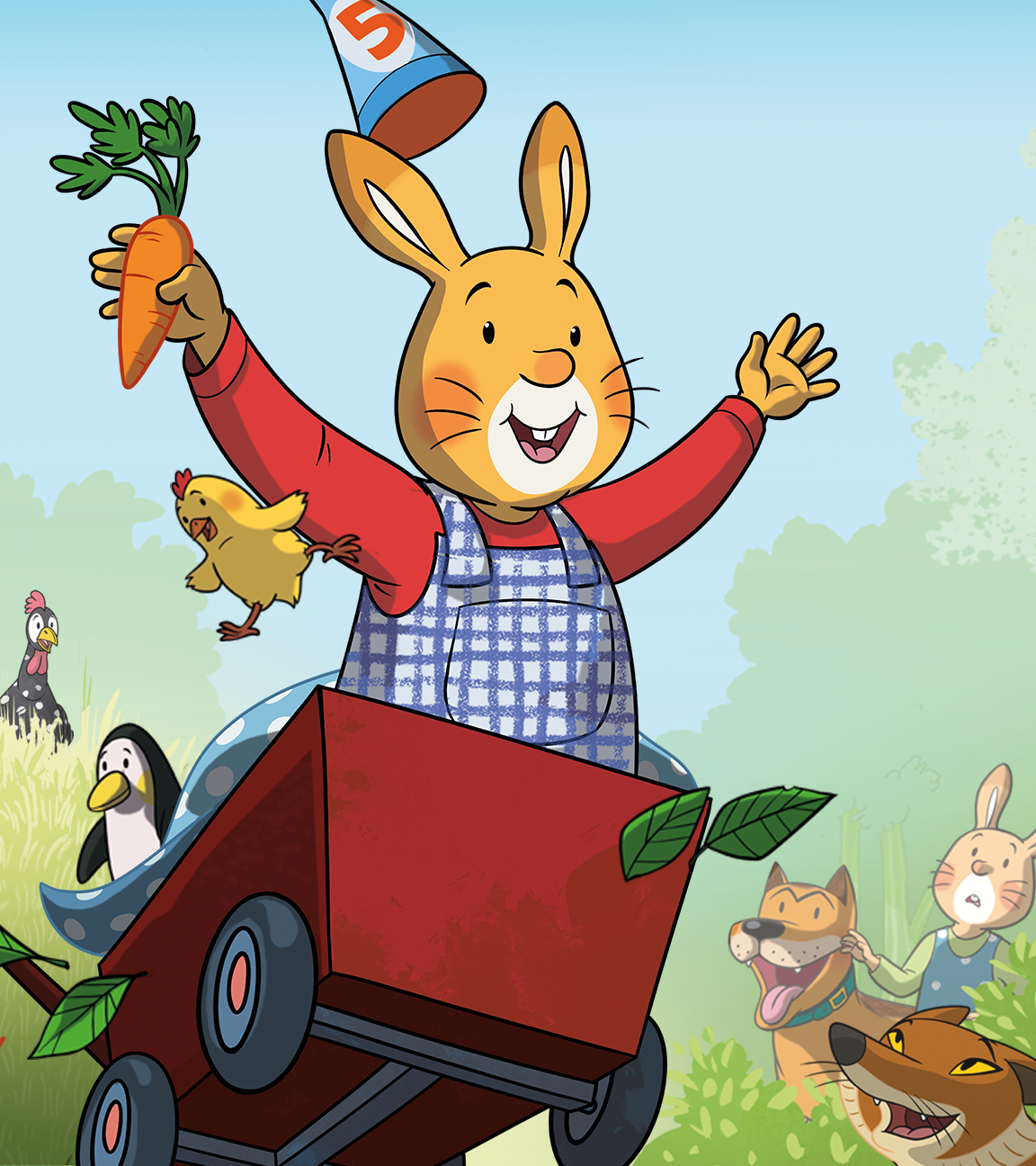 Kaninchenjunge Karlchen sitzt in einem roten Bollerwagen und hat beide Arme in die Luft gestreckt. Um ihn herum sind verschiedene Tiere zu sehen.