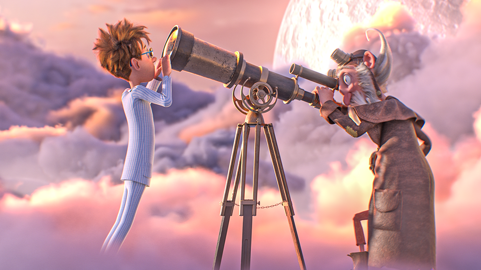 In einer rosafarbenen Wolkenlandschaft schaut ein Junge im Schlafanzug in die Spitze eines Teleskops. Am Okular steht ein braungekleideter älterer Mann.