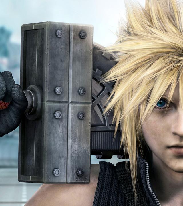"Final Fantasy VII: Advent Children": Großaufnahme von Cloud Strife mit martialischem Schwert in der Hand.