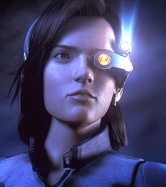 "Final Fantasy - Die Mächte in dir": Dr. Aki Ross blickt mit ernstem Ausdruck geradeaus. Vor dem linken Auge trägt sie eine Art Kamera.