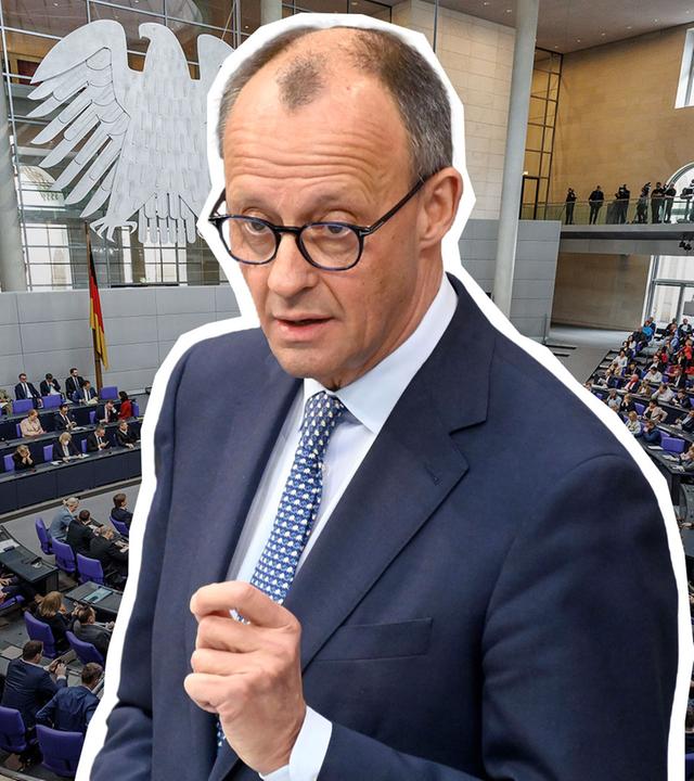 Friedrich Merz ist vor dem Plenarsaal des Bundestages abgebildet.