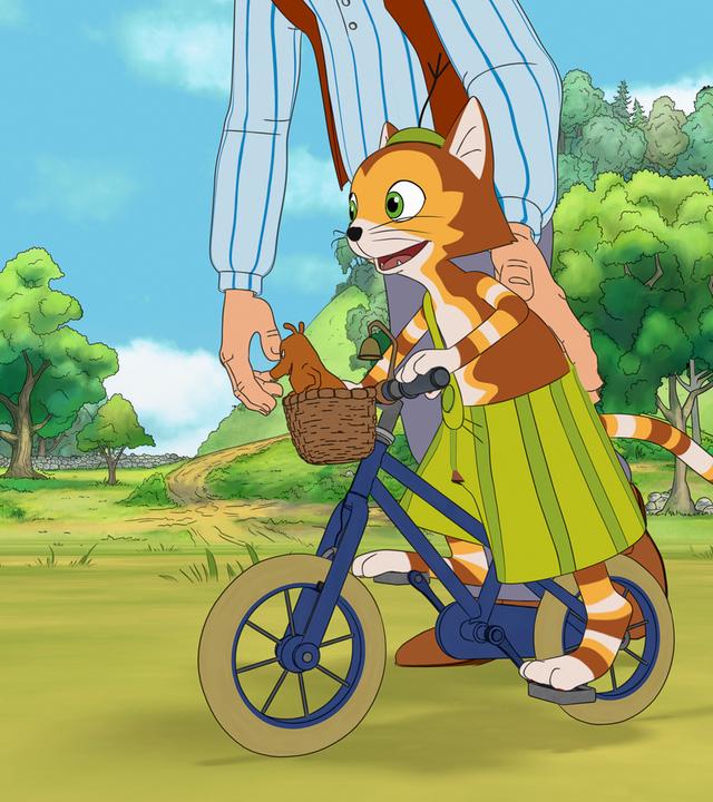 Findus lernt auf seinem eigenen Fahrrad zu fahren.