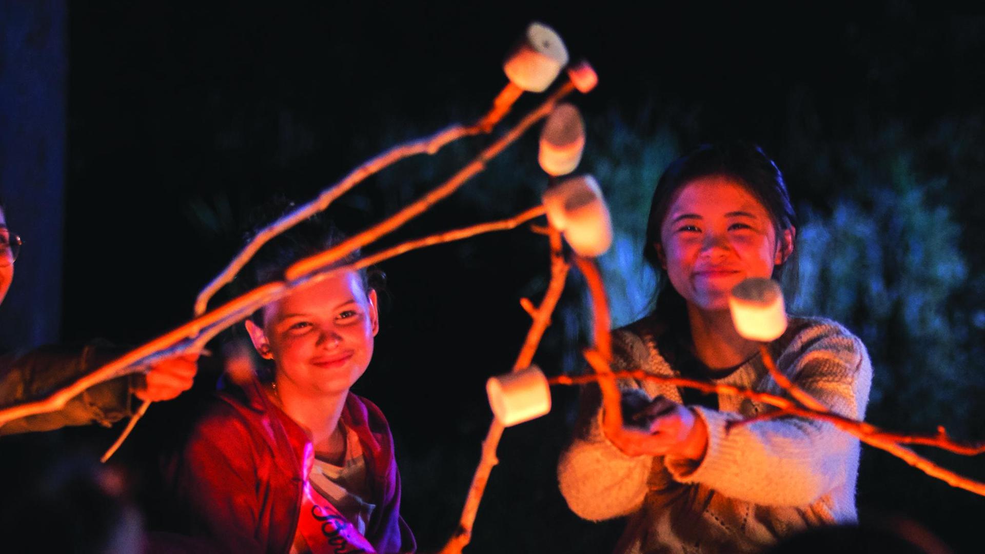 Natalie, Hannah, Olivia, Sarah und andere Mitschülerinnen sitzen abends um ein Lagerfeuer herum. In ihren Händen halten sie Stöcke auf denen Marshmallows aufgespießt sind. Die Stimmung ist ausgelassen und alle Mädchen lachen.