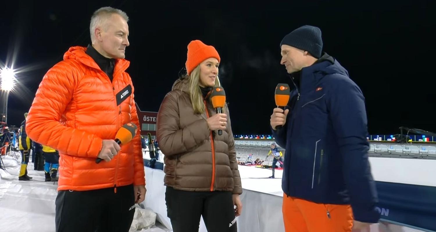 ZDF-Biathlon-Experten Denise Herrman-Wick und Sven Fischer mit Moderator Alexander Ruda