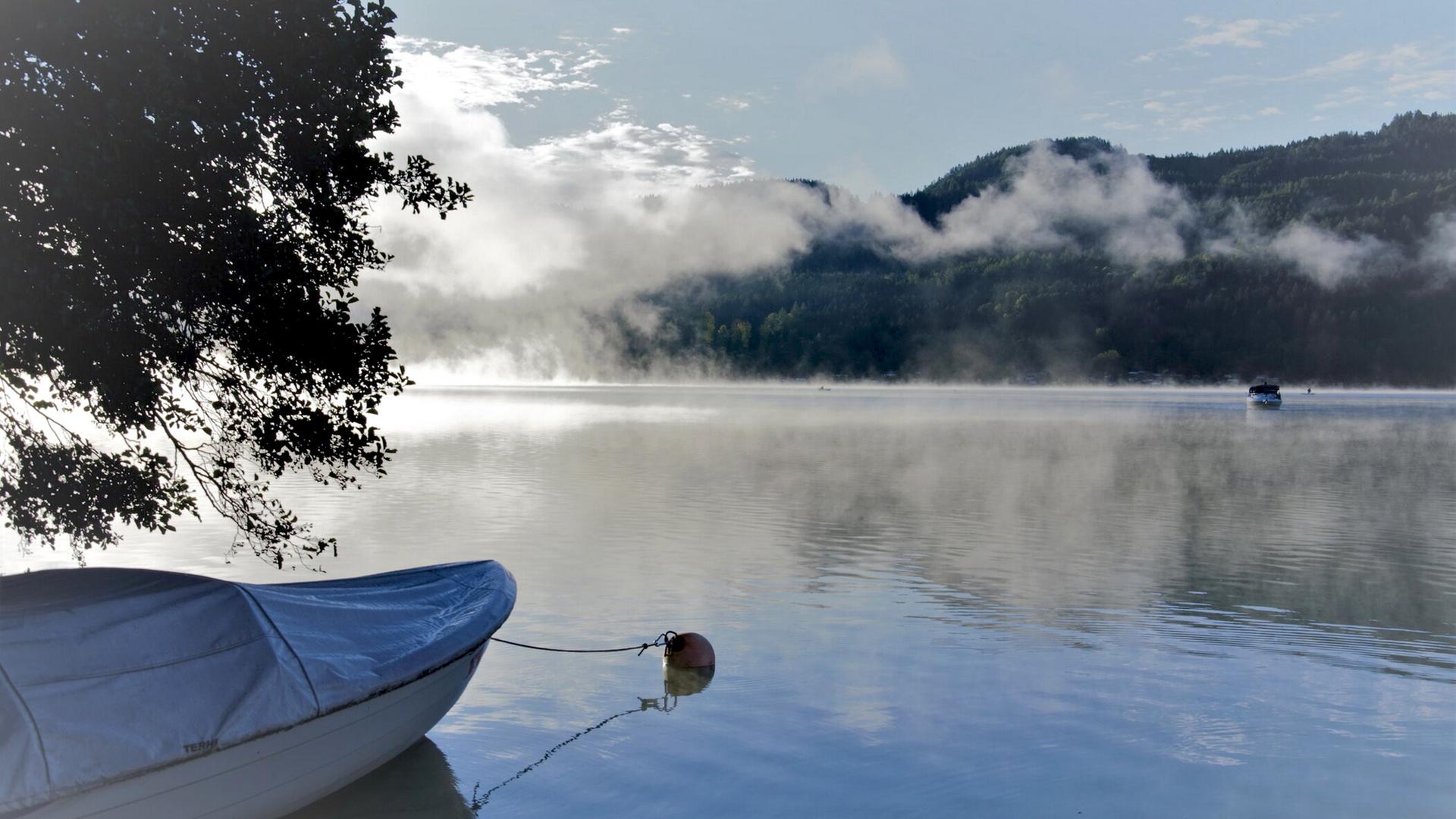 Seenlandschaft bei Kärnten. Im Hintergrund ein bewaldeter Berg, im Vordergrund ein Ruderboot. 