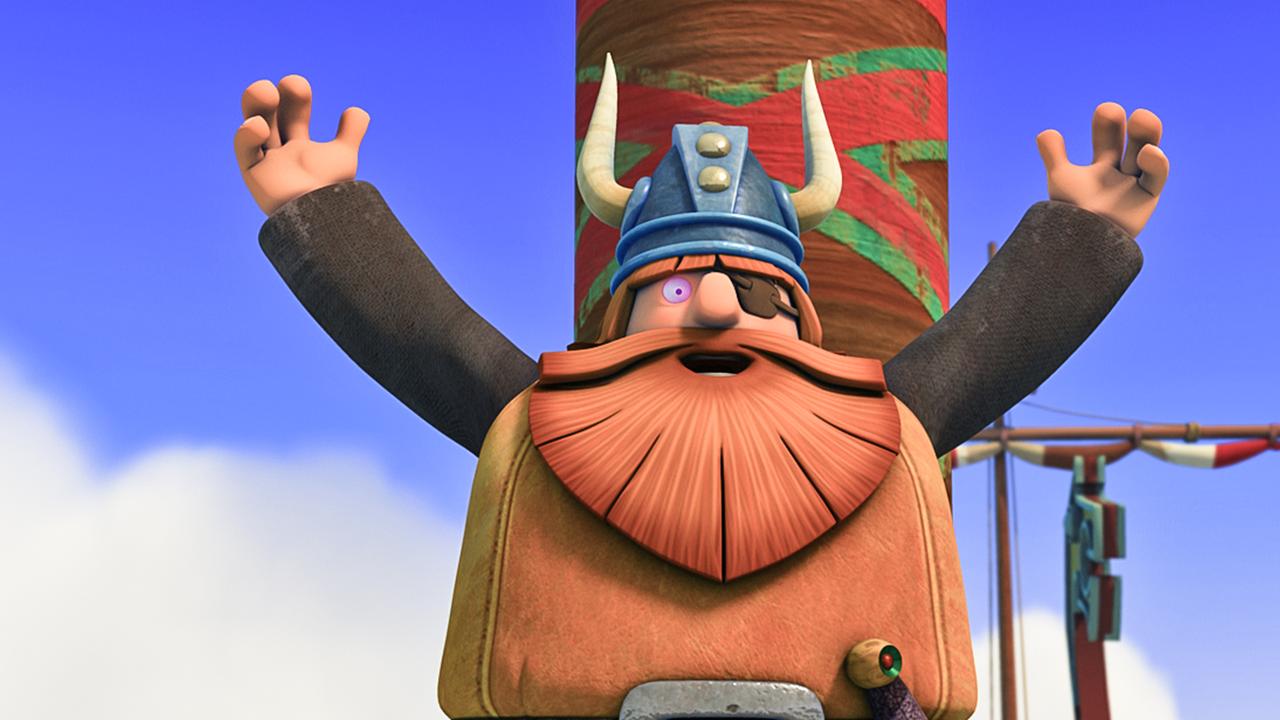 Halvar steht mit ausgebreiteten Armen vor dem Mast des Schiffes. Sein Auge leuchtet lila.