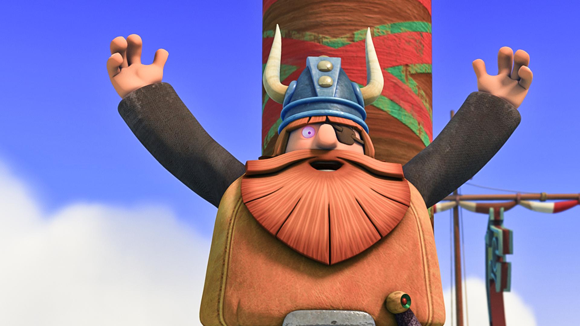 Halvar steht mit ausgebreiteten Armen vor dem Mast des Schiffes. Sein Auge leuchtet lila.