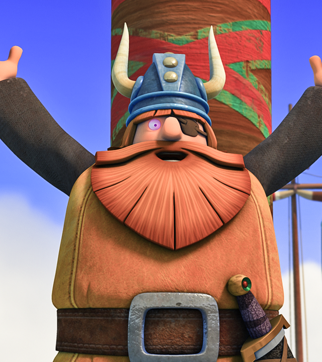 Halvar steht mit ausgebreiteten Armen vor dem Mast des Schiffes. Sein Auge leuchtet lila.