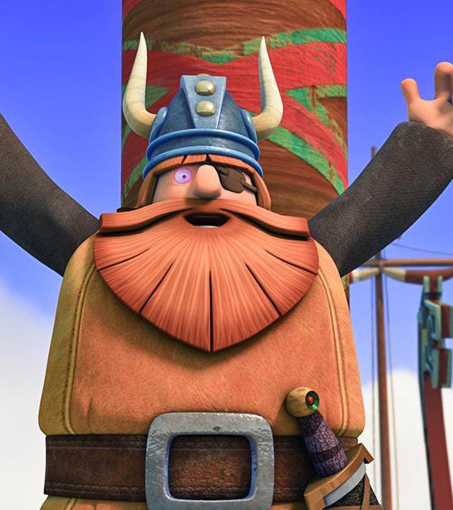 Halvar steht mit ausgebreiteten Armen vor dem Mast des Schiffes. Sein Auge leuchtet lila.