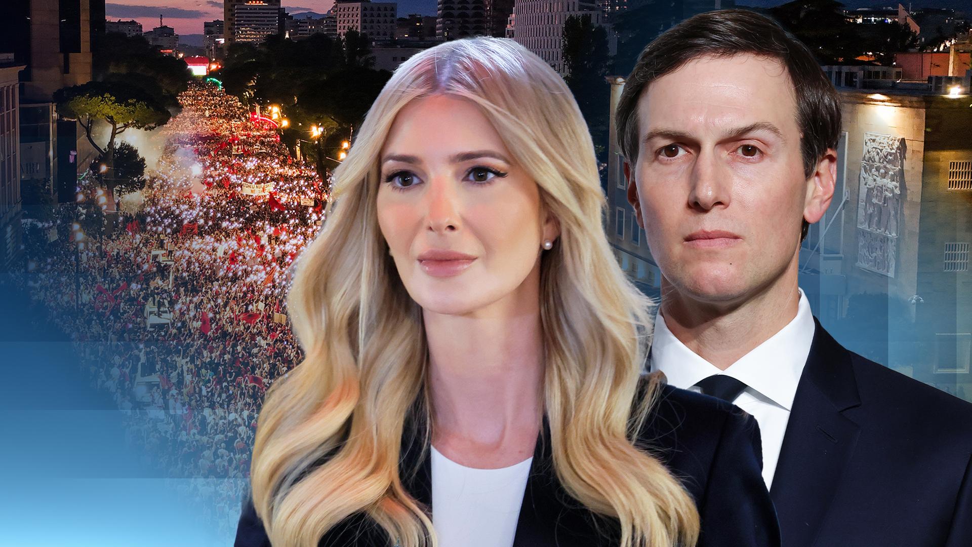 Im Hintergrund sind die Flamingo-Proteste in Albanien. Im Vordergrund sind Bilder von Ivanka Trump und ihrem Ehemann Jared Kushner