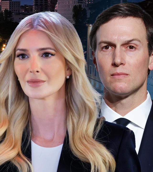 Im Hintergrund sind die Flamingo-Proteste in Albanien. Im Vordergrund sind Bilder von Ivanka Trump und ihrem Ehemann Jared Kushner