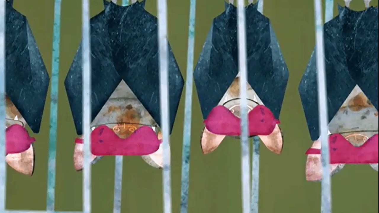 Animierte Fledermäuse die mit verbundenen Augen kopfüber hängen