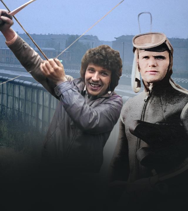 Collage: Zwei DDR-Flüchtlinge, einer mit Pfeil und Bogen, einer im Taucheranzug. Im Hintergrund ein Abschnitt der Berliner Mauer aus der Vogelperspektive