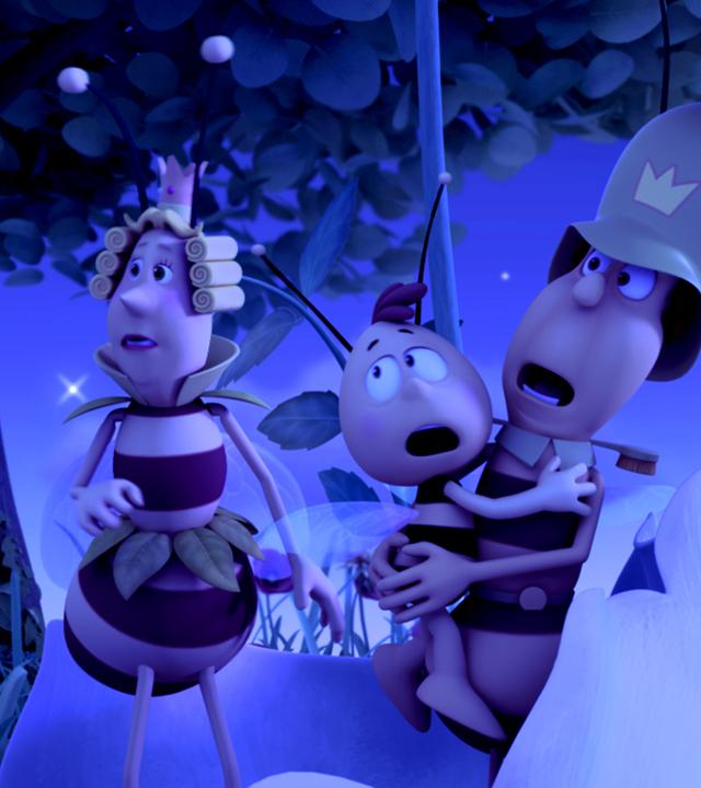 Willi und eine Wache liegen sich vor Schreck in den Armen. Die Sonnenkönigin steht daneben. Es ist Nacht und sehr dunkel.