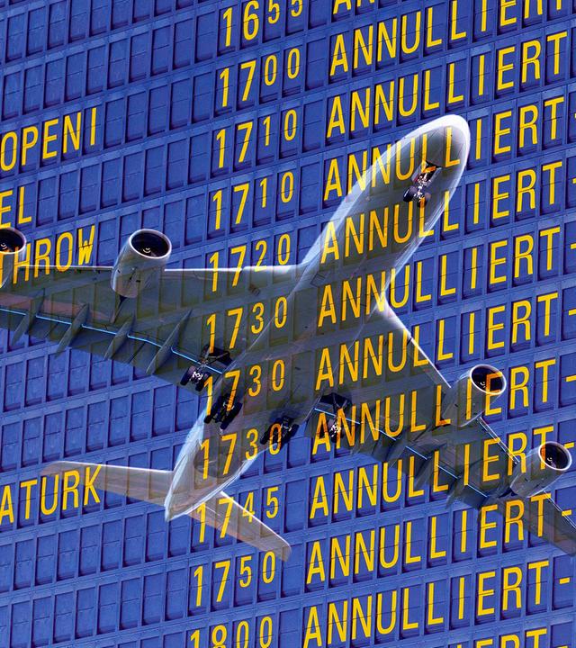 Flugzeug mit Layer einer Tafel mit Abflugzeiten