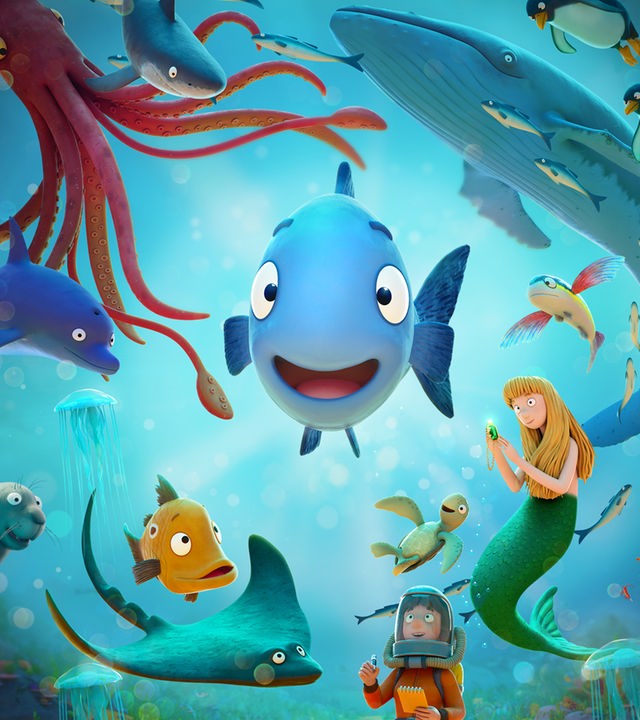 Flori Flunkerfisch schwimmt lachend inmitten von verschiedenen Meeresbewohnern.