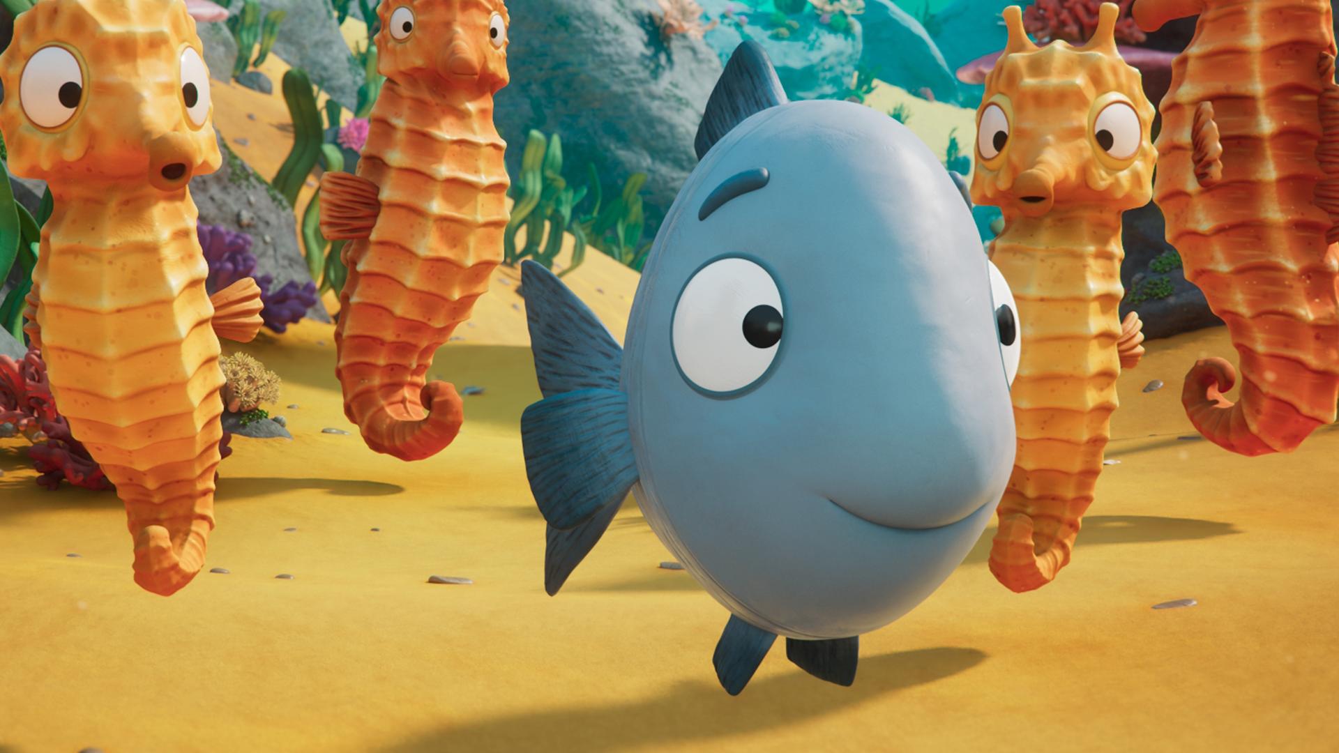 Flori Flunkerfisch schwimmt zufrieden inmitten von Seepferdchen. Im Hintergrund ist bunte die Unterwasserwelt zu sehen.