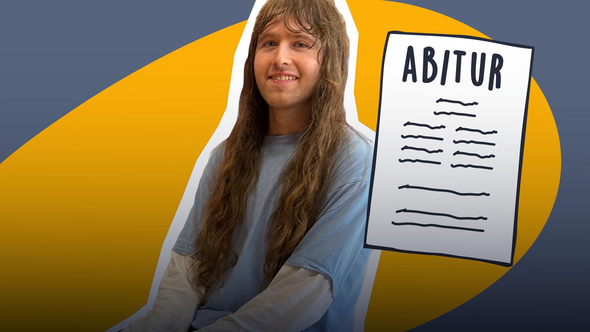 Abiturient Fabian auf grau-gelbem Hintergrund, daneben grafisches Abiturzeugnis