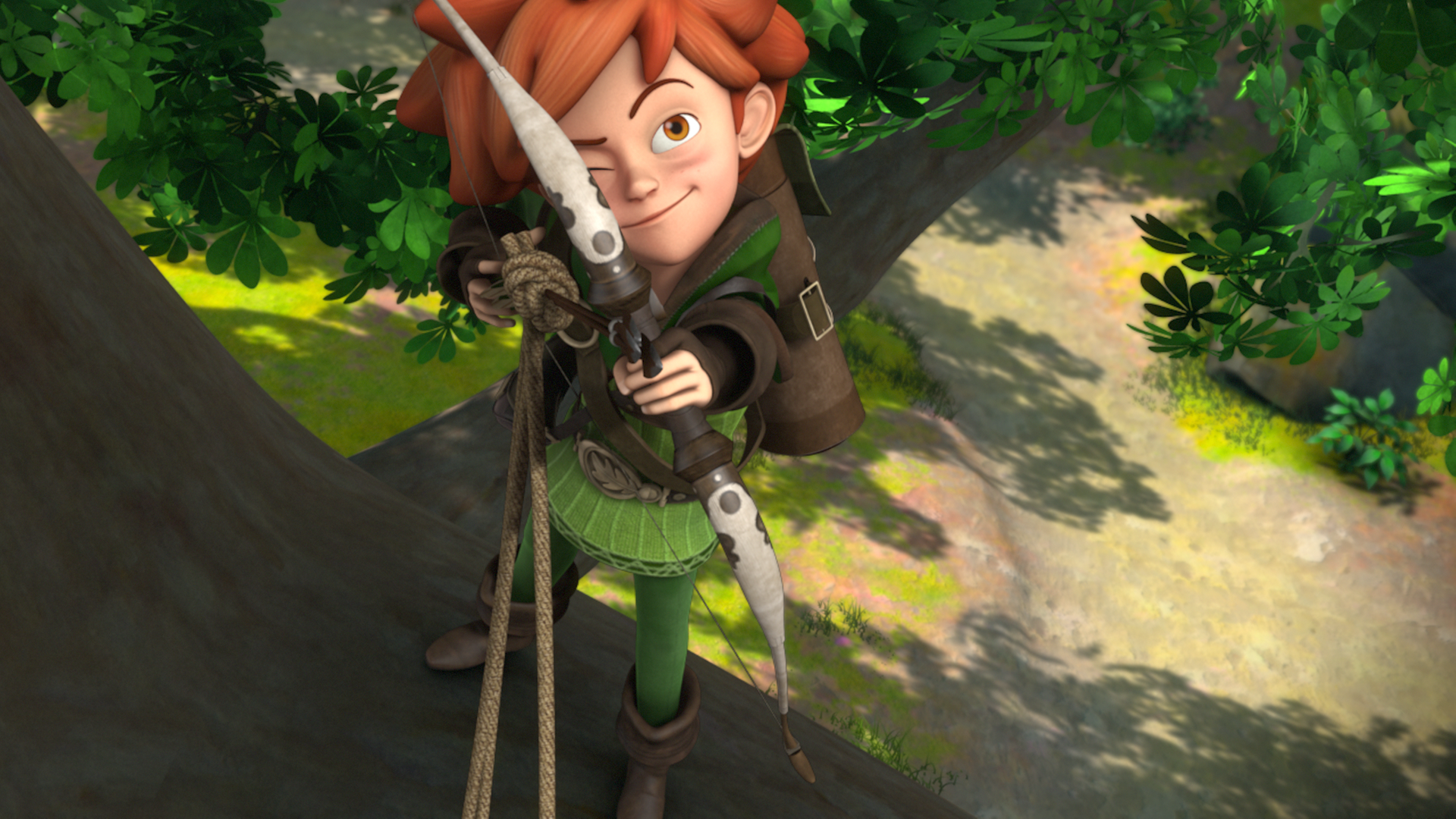 Robin Hood hat Pfeil und Bogen in der Hand. Er steht in einer Baumkrone und zielt nach oben. Am Pfeil ist ein Seil befestigt.