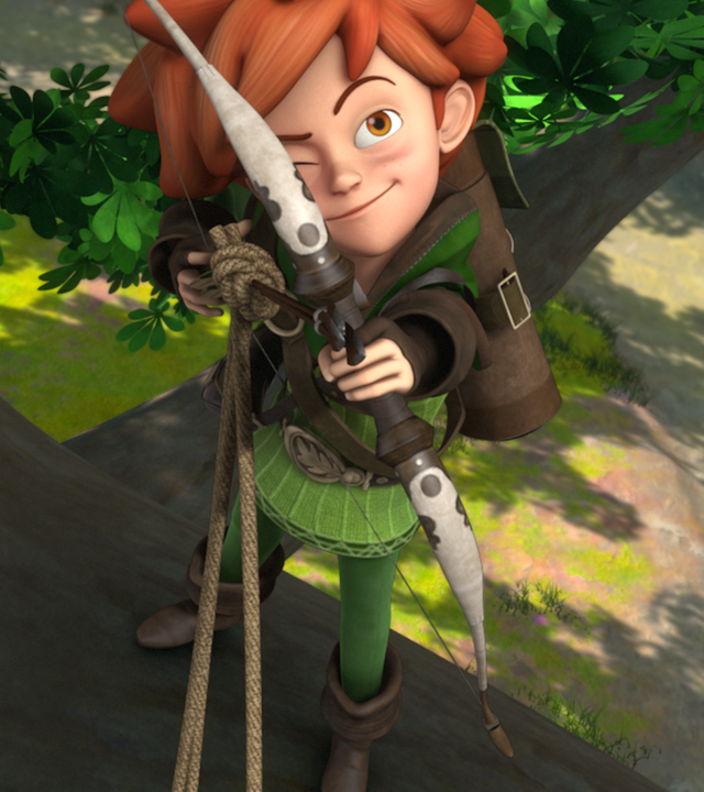 Robin Hood hat Pfeil und Bogen in der Hand. Er steht in einer Baumkrone und zielt nach oben. Am Pfeil ist ein Seil befestigt.