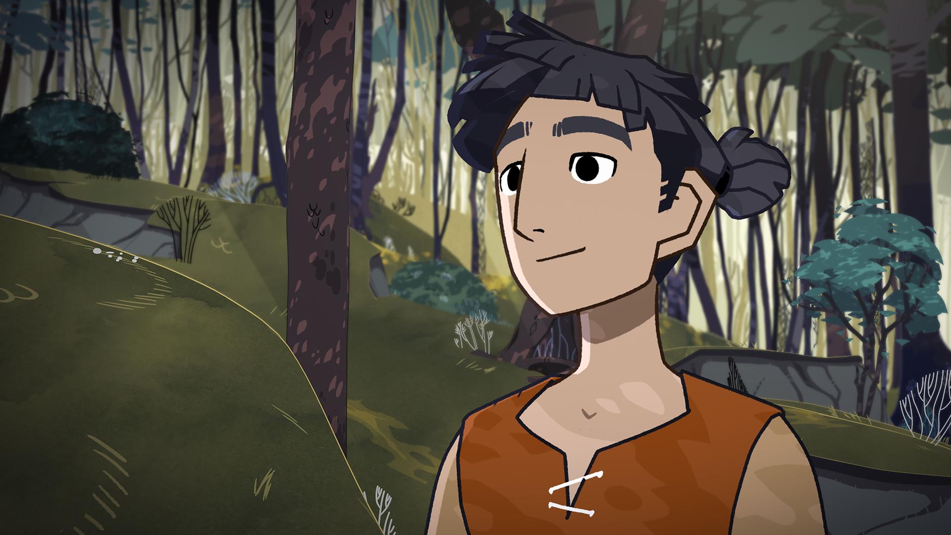 Hugo steht im Freien umgeben von Bäumen, Sträuchern und Felsen und blickt mit zufriedenem Blick nach vorne.