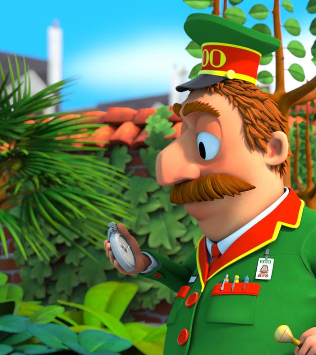 Rechts steht der Zoodirektor Herr Timmer und schaut besorgt auf seine Taschenuhr, die er in der rechten Hand hält. Im Hintergrund Palmen und andere Grünpflanzen.