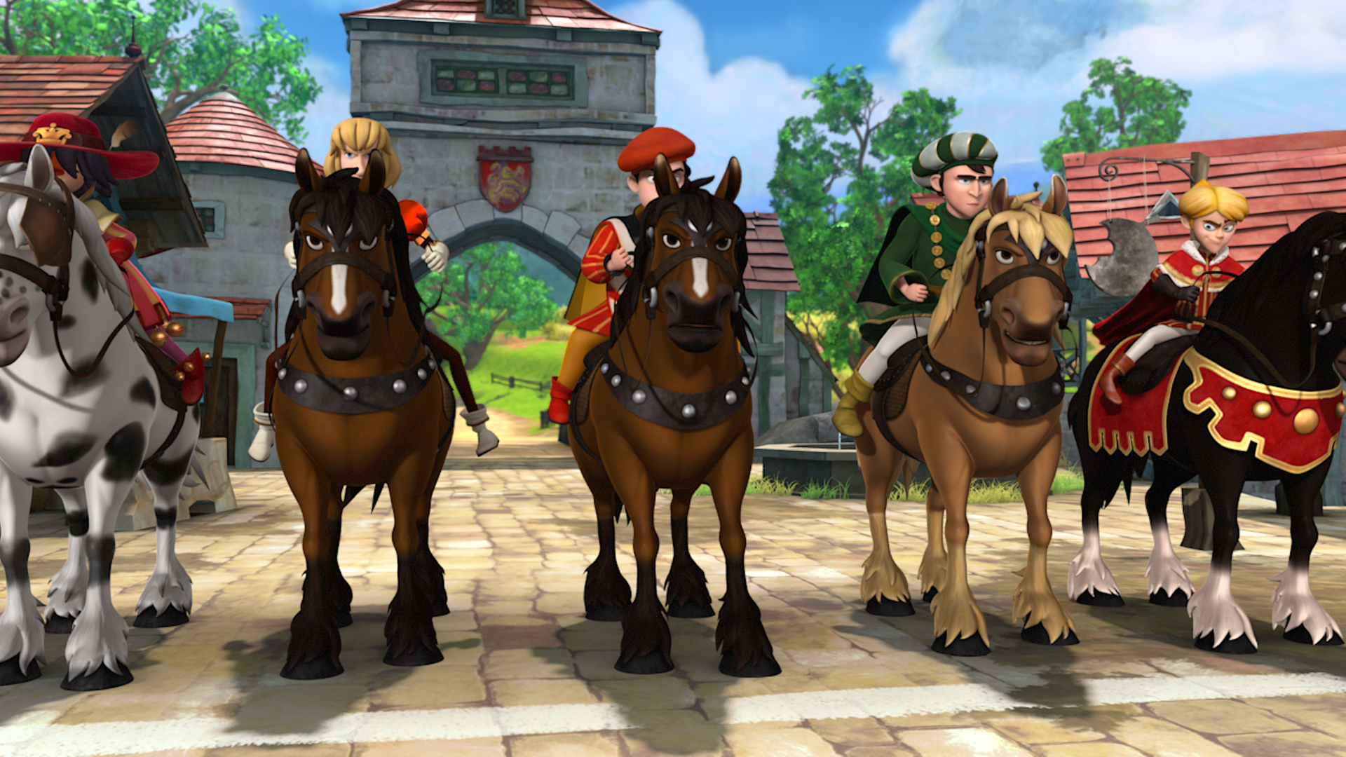Fünf Rennpferde stehen nebeneinander bereit zum Start. Links auf dem ersten Pferd sitzt der verkleidete Robin Hood. Ganz rechts sitzt Prinz John im Sattel.