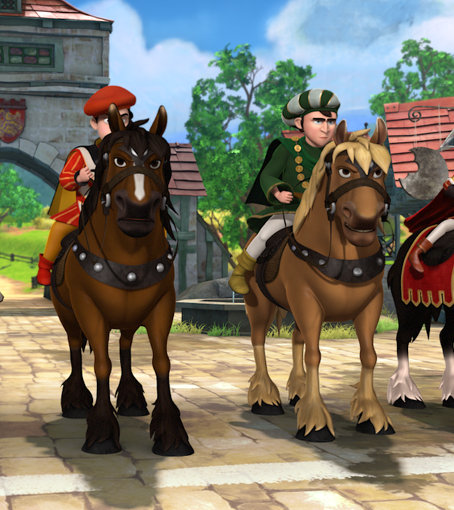 Fünf Rennpferde stehen nebeneinander bereit zum Start. Links auf dem ersten Pferd sitzt der verkleidete Robin Hood. Ganz rechts sitzt Prinz John im Sattel.