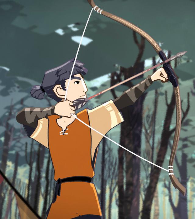 Hugo hat mitten im Wald seinen Bogen gespannt und zielt nach oben. 