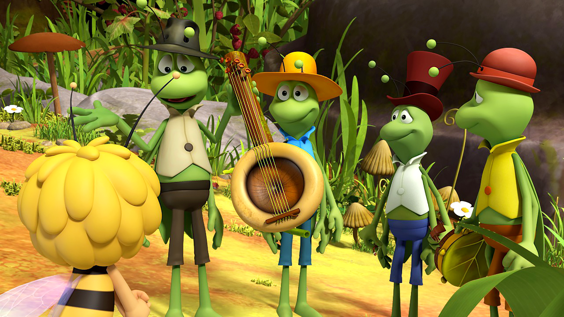 Flip und seine vier Bandmitglieder. Der zweite von links hält ein Banjo-ähnliches Instrument in den Händen.