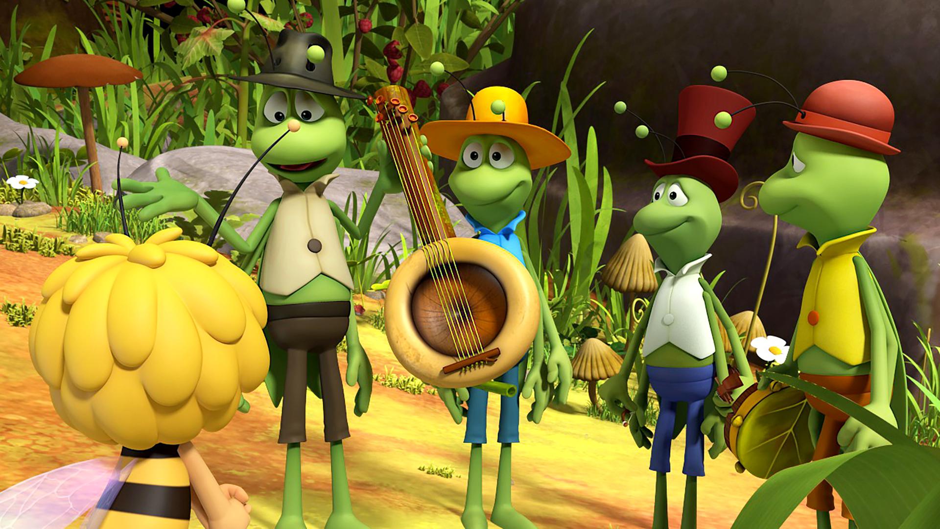 Flip und seine vier Bandmitglieder. Der zweite von links hält ein Banjo-ähnliches Instrument in den Händen.