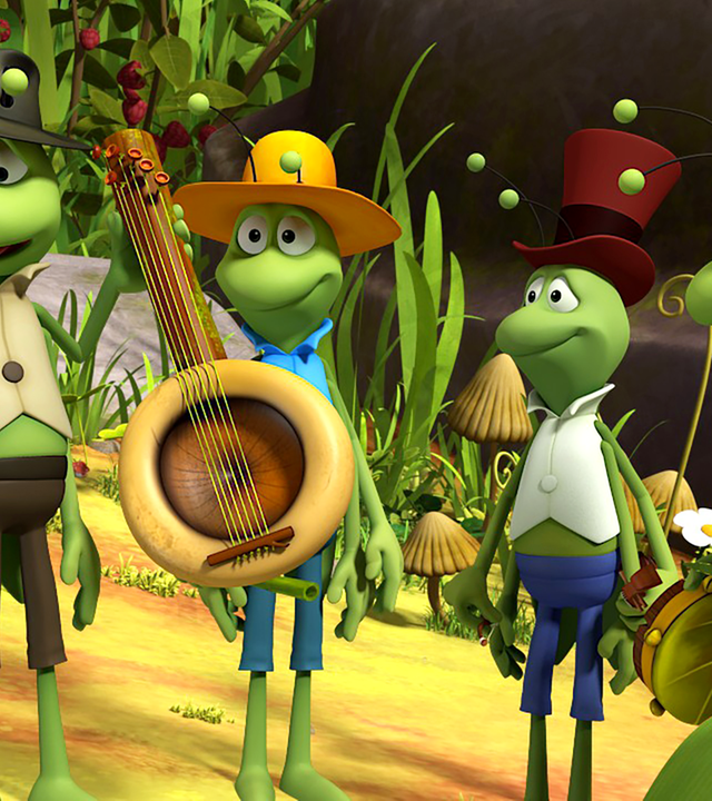 Flip und seine vier Bandmitglieder. Der zweite von links hält ein Banjo-ähnliches Instrument in den Händen.