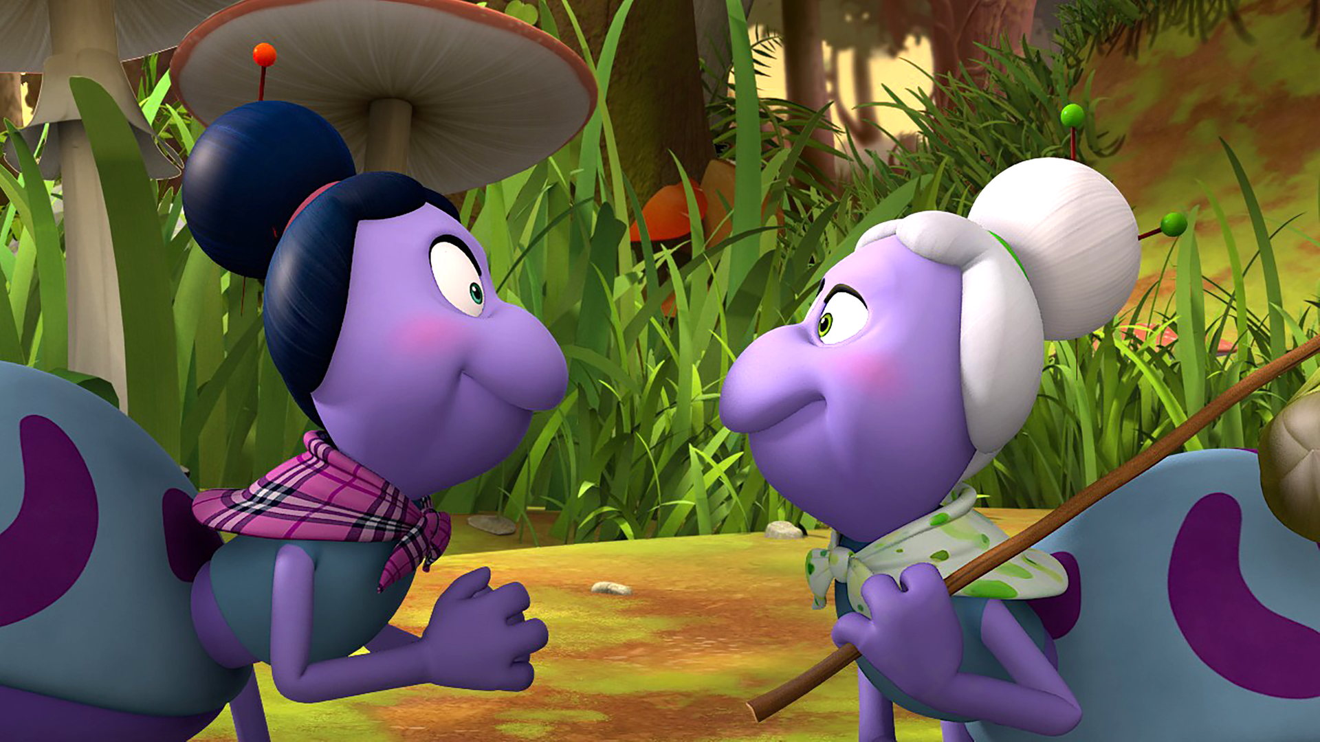 Thekla und ihre Schwester Ida stehen sich auf der Wiese gegenüber und schauen sich fröhlich und gespannt an, denn Ida ist zu Besuch.