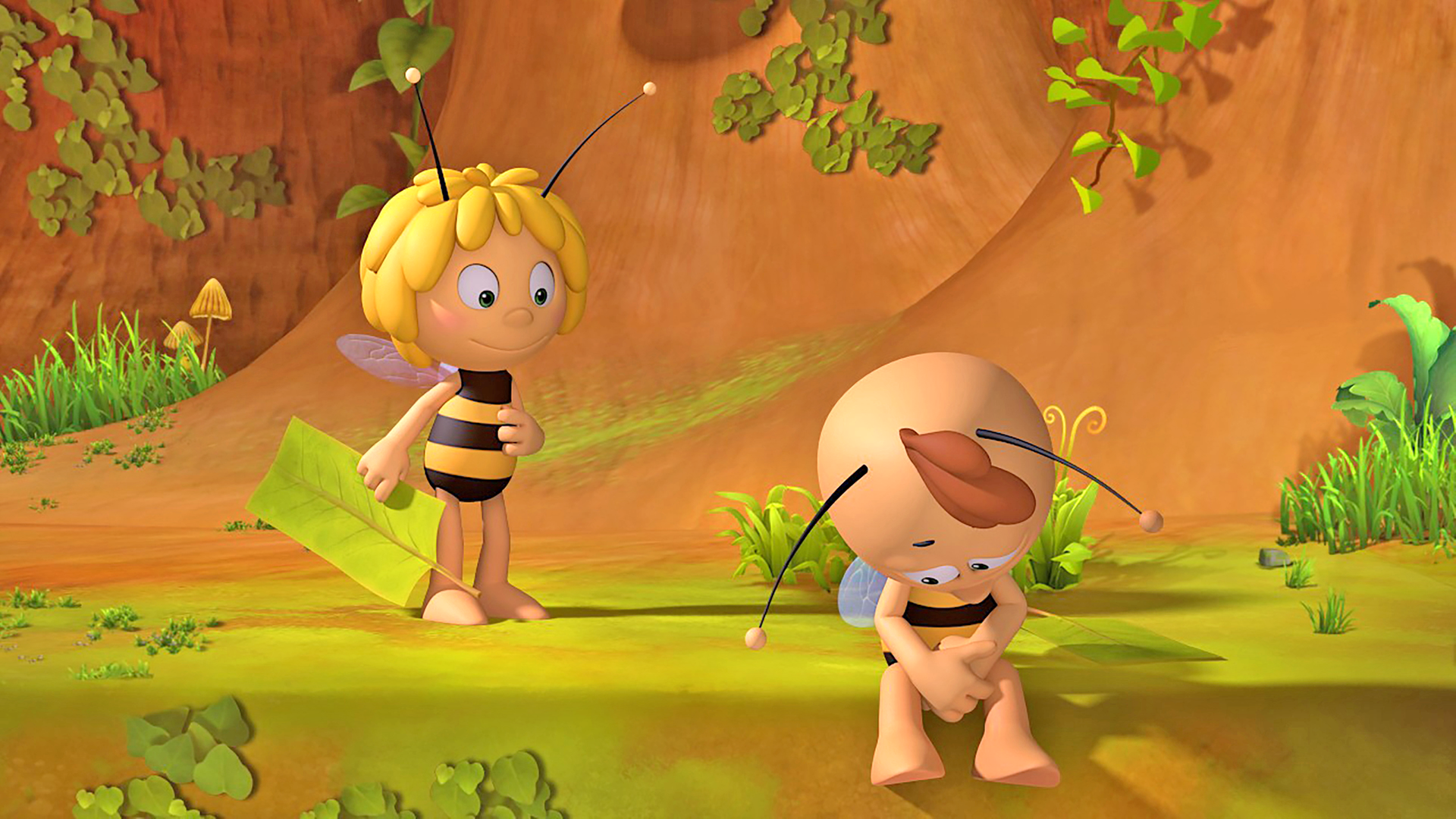 Willi sitzt niedergeschlagen auf einem Absatz. Maja steht fröhlich hinter ihm.