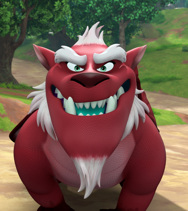 Derke (Mitte), der sonst so freundliche Drache, sieht sehr gefährlich aus, wie er auf allen Vieren den Weg blockiert und angriffslustig seine Zähne fletscht.