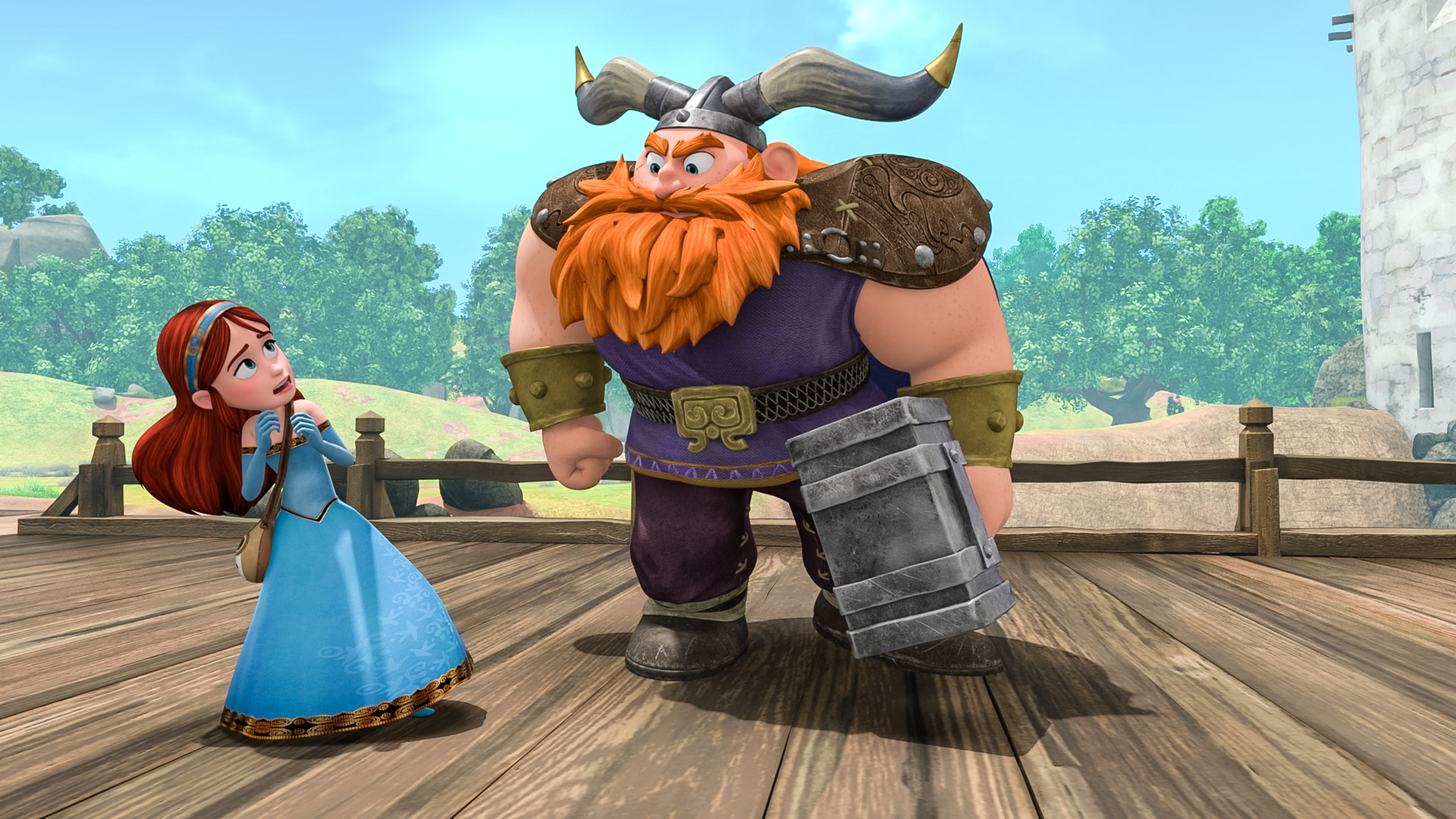 Marian (links) sieht verängstigt zu Fürst Harald (rechts) auf, der bedrohlich seine Faust ballt.